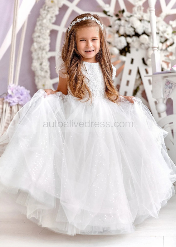 Puff Sleeves Ivory Lace Tulle Sparkly Flower Girl Dress